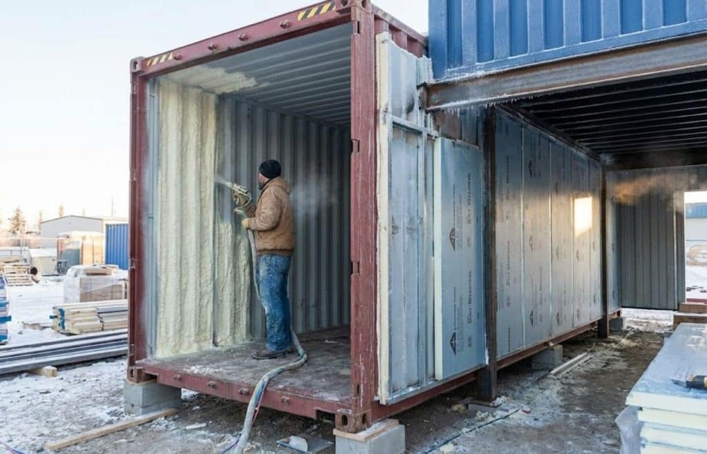 chantier maison conteneur isolation projeté PU intérieur mousse isolante froid