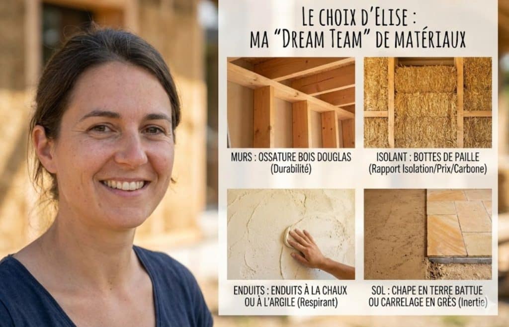 Infographie d'Elise Durant présentant les matériaux durables : ossature bois, isolation paille, enduits chaux et terre battue