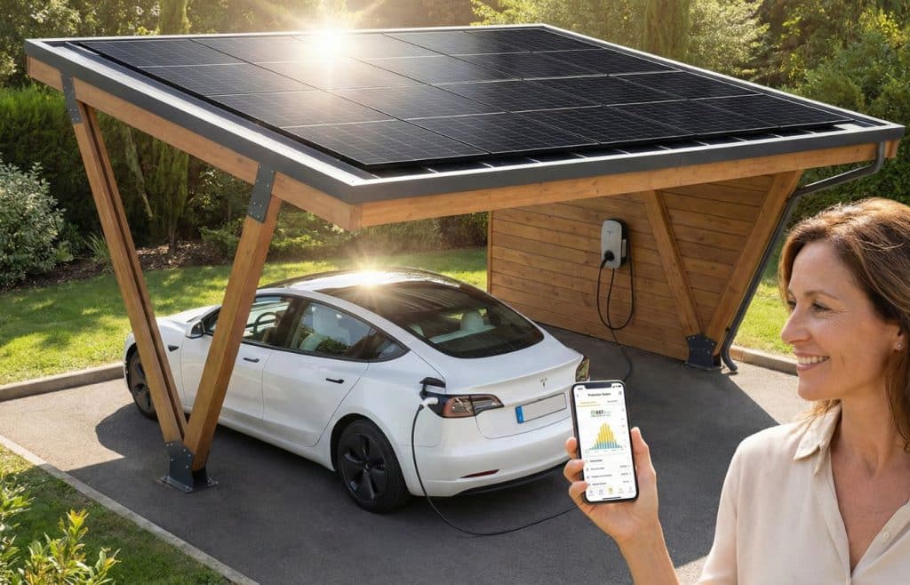 Carport solaire moderne équipé de panneaux photovoltaïques et d'une borne de recharge, éligible à la prime à l'investissement 2026 tesla model 3 blanche recharge