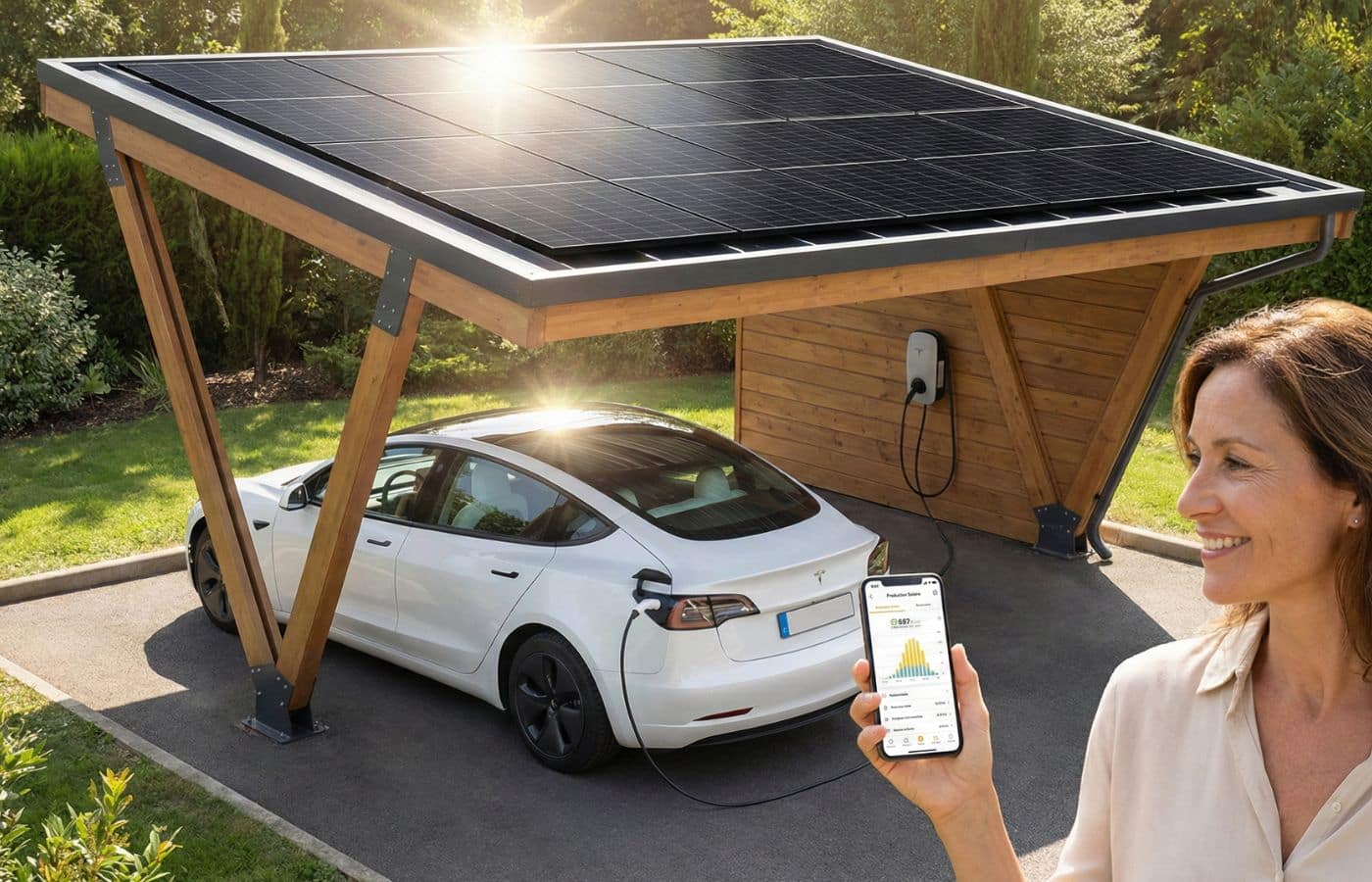 Carport solaire avec borne de recharge alimentant une voiture électrique