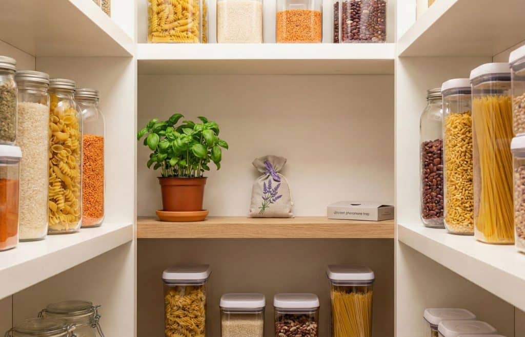 Garde-manger moderne et lumineux avec bocaux en verre hermétiques, plantes aromatiques et piège à phéromones pour protéger les aliments des insectes de manière durable.