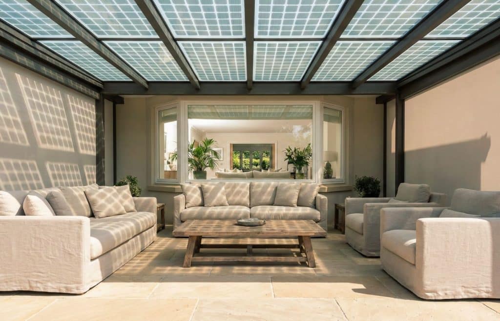 Vue de dessous d'une pergola photovoltaïque avec panneaux transparents, montrant une lumière naturelle douce éclairant un salon de jardin design.