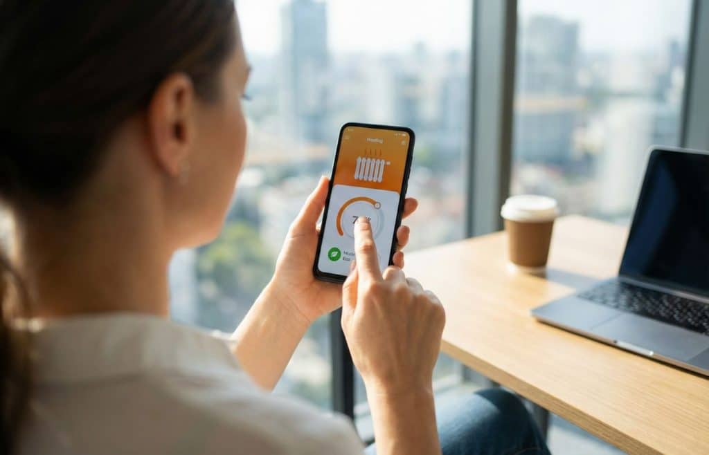 femme réglant la température de son salon sur son smartphone, illustrant la facilité du pilotage de chauffage à distance pour faire des économies.