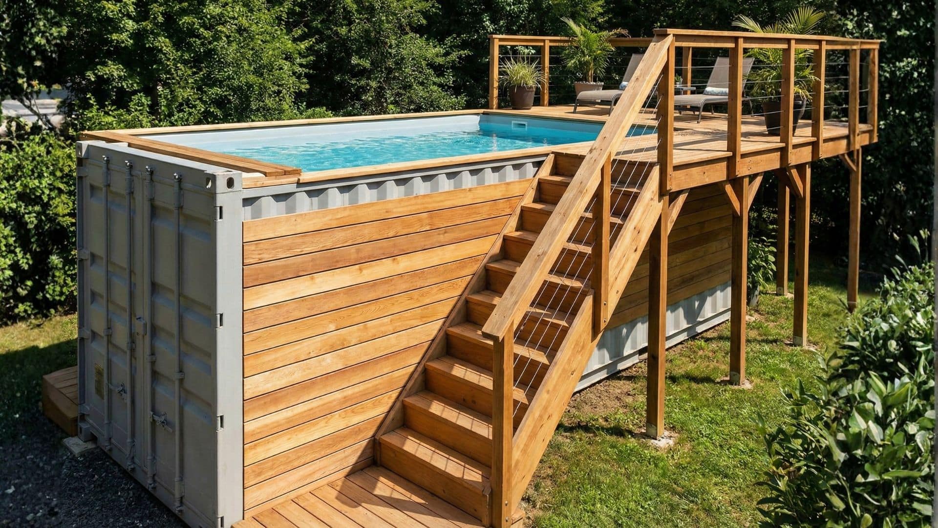 Piscine container hors sol habillage bois et terrasse