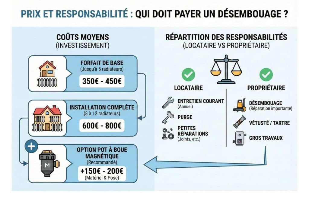 Infographie détaillée sur les tarifs du désembouage (350€ à 800€) et la répartition des frais : l'entretien courant pour le locataire et le désembouage technique à la charge du propriétaire