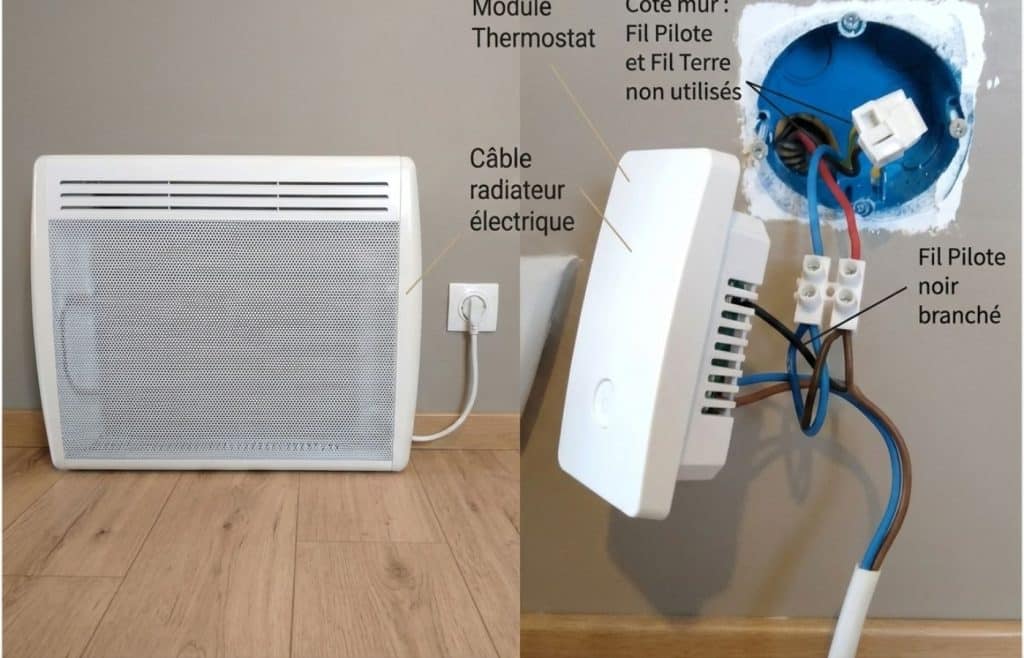 branchement d'un module connecté sur le fil pilote noir d'un ancien radiateur électrique pour le transformer en chauffage intelligent thermostat sur grille pain