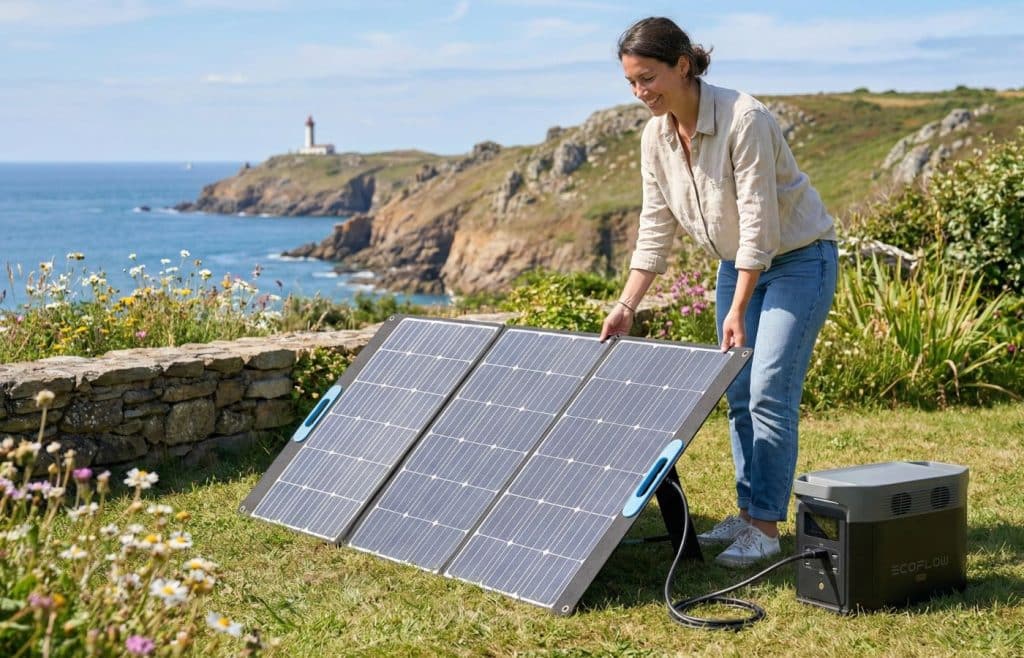 Recharge d'une batterie nomade via un panneau solaire portable pour une énergie gratuite et durable.
