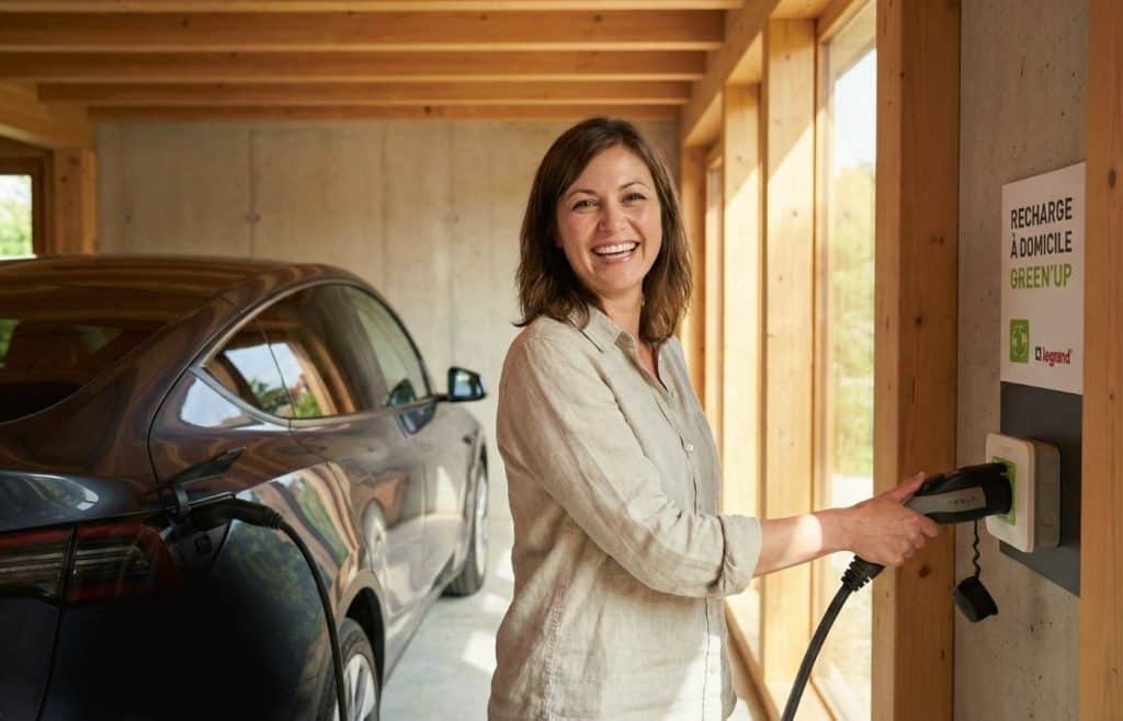 Elise Durant branchant sa Tesla Model Y sur une prise renforcée Green'up pour une recharge à domicile sécurisée.