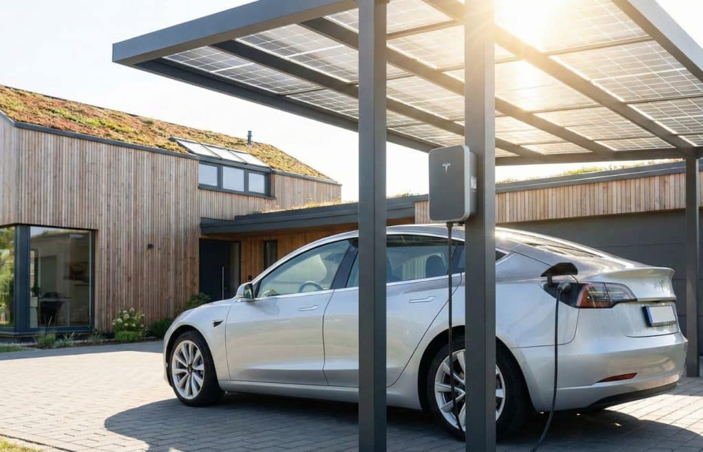 Une voiture électrique tesla model 3 grise en cours de recharge sous une pergola photovoltaïque, illustrant l'autoconsommation de l'énergie solaire produite carport.