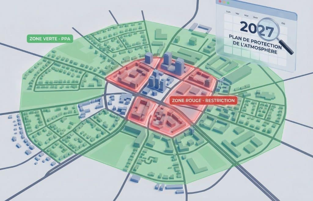Cartographie des zones PPA en France et calendrier 2027 illustrant la nouvelle réglementation thermique