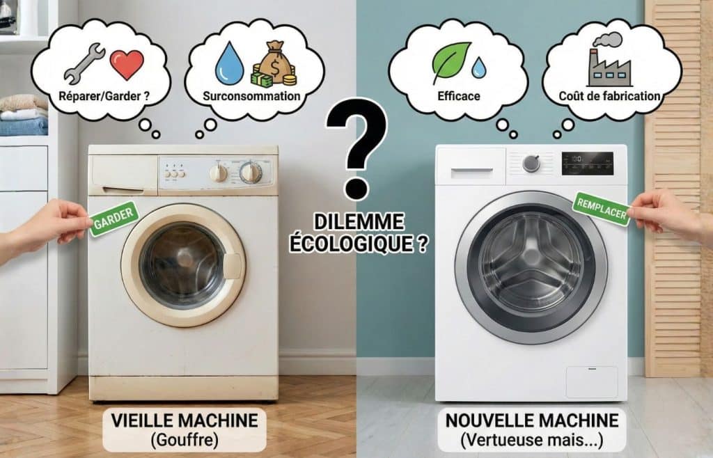 Infographie illustrant le dilemme écologique : faut-il garder une vieille machine à laver énergivore ou la remplacer par un modèle neuf plus efficace mais dont la fabrication a un coût environnemental ?