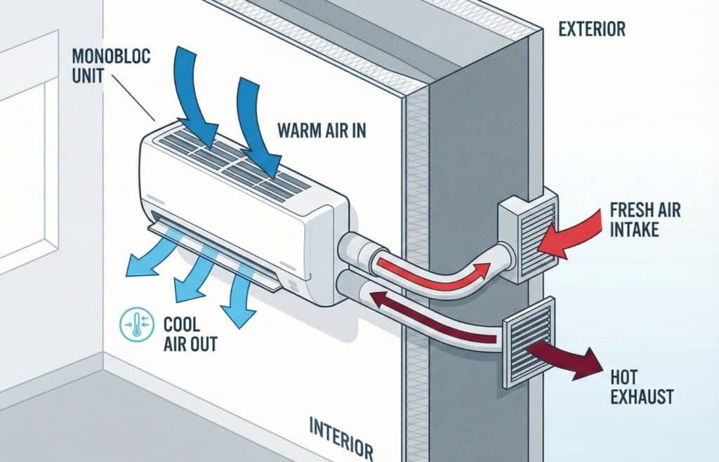 Schéma en coupe montrant le fonctionnement des deux boucles d'air (intérieur et extérieur) d'un climatiseur monobloc à travers un mur.