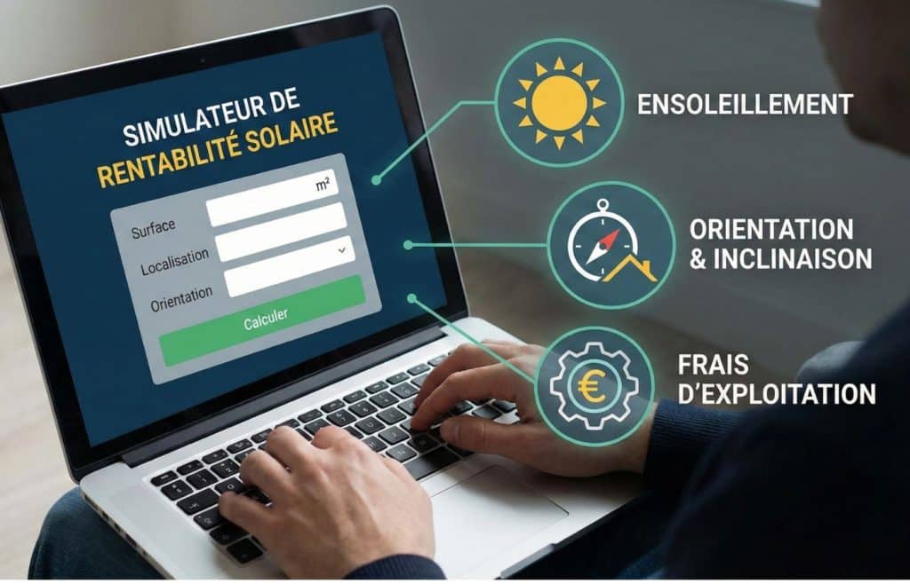 Personne utilisant un simulateur de rentabilité solaire sur un ordinateur portable, entouré d'icônes représentant les trois variables clés influençant le résultat : l'ensoleillement (soleil), l'orientation et l'inclinaison (boussole et toit), et les frais d'exploitation (engrenage et euro)