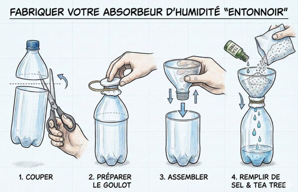 Schéma illustrant les 4 étapes pour fabriquer un absorbeur d'humidité maison : découpe de la bouteille, pose du filtre, assemblage en entonnoir et remplissage avec gros sel et Tea Tree