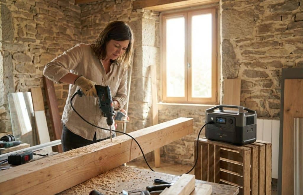 Utilisation d'une perceuse sur un chantier de rénovation sans rallonge grâce à une batterie nomade.