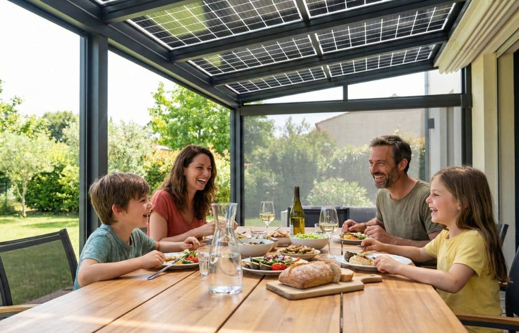 Famille profitant d'un déjeuner convivial à l'ombre d'une pergola solaire sur leur terrasse en été