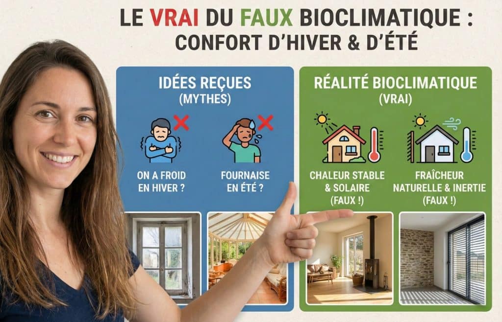 infographie sur le vrai du faux de la maison bioclimatique, comparant les mythes sur le froid et la chaleur avec la réalité du confort thermique.