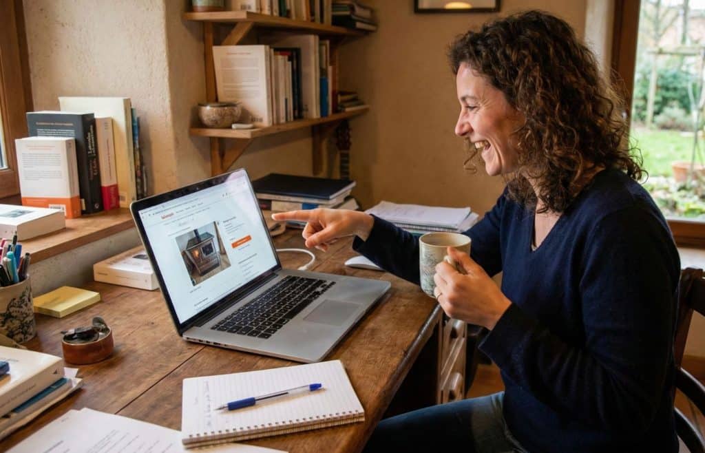 Élise souriante devant son ordinateur portable, trouvant une excellente annonce de cuisinière à bois bouilleur d'occasion sur le site Leboncoin.
