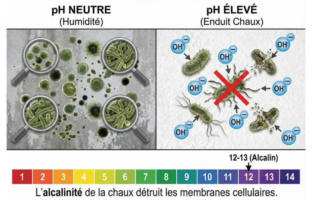 Schéma expliquant comment le pH élevé (alcalinité de 12-13) de l'enduit à la chaux détruit les membranes cellulaires des micro-organismes et empêche le développement des moisissures.