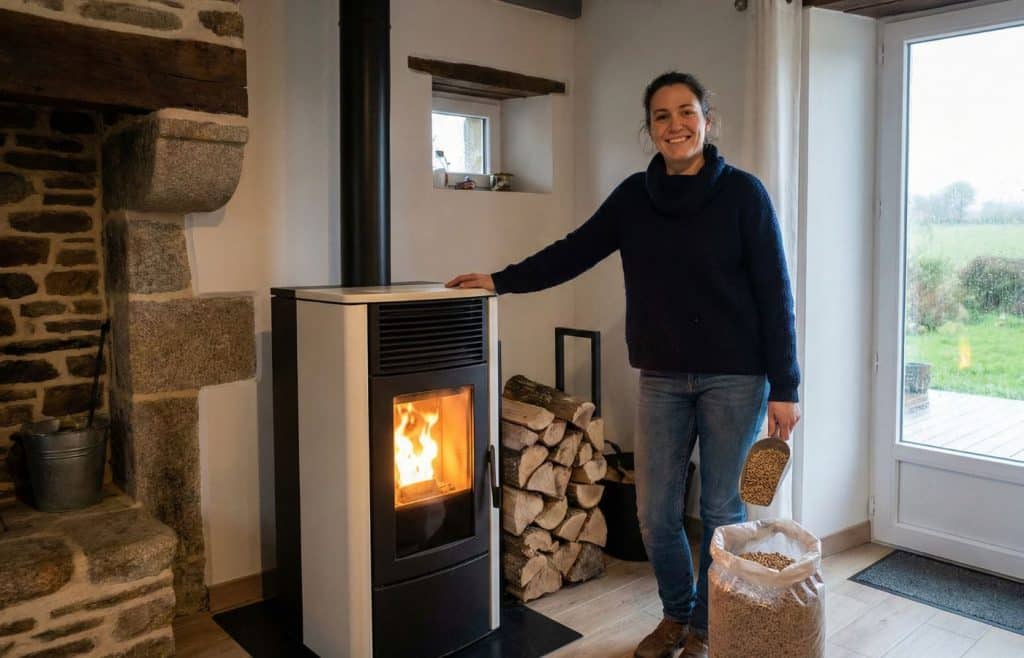 pose à côté de son poêle mixte bois et granulés en fonctionnement dans sa maison rénovée en Bretagne, une pelle à granulés à la main.