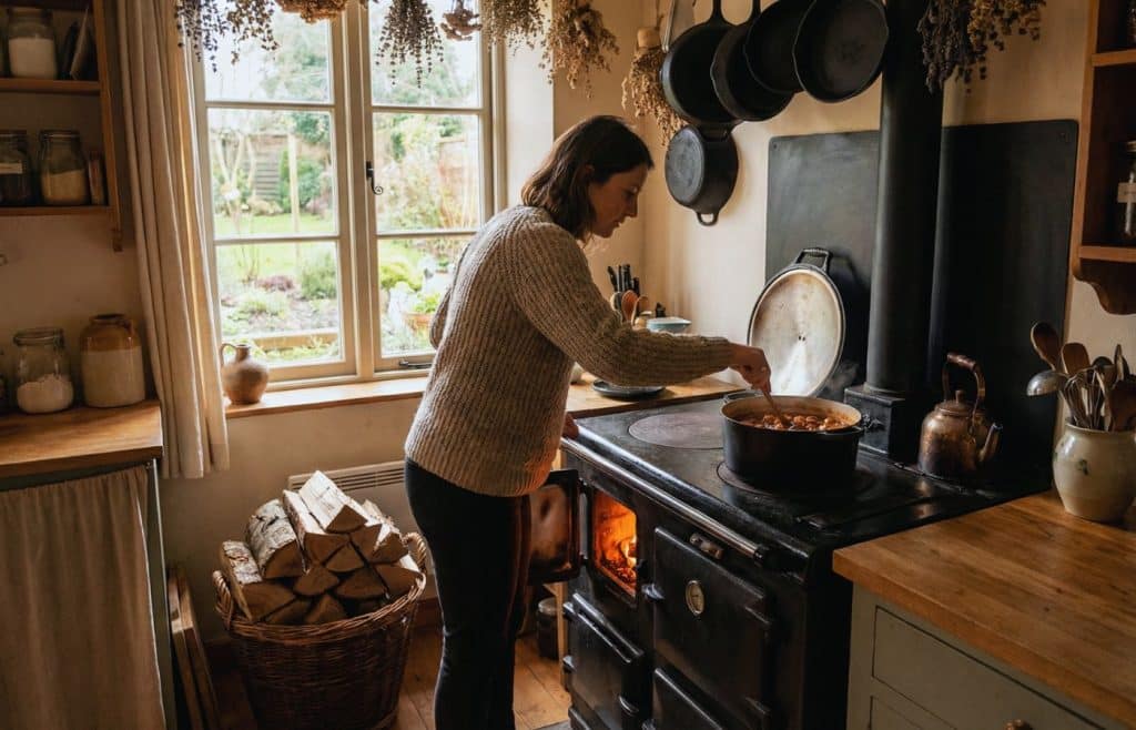Élise Durant dans sa cuisine rustique, en train de faire mijoter un plat sur la plaque en fonte de sa cuisinière à bois bouilleur, illustrant la vie quotidienne et l'utilisation de l'appareil.