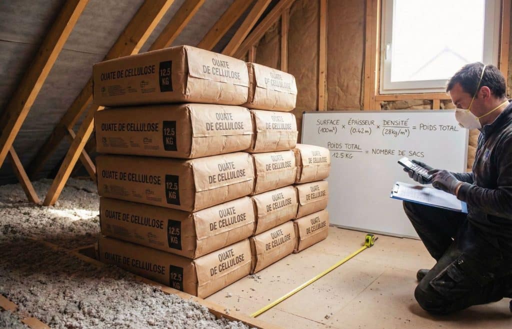 Chantier d'isolation de combles : pile de sacs de ouate de cellulose et tableau explicatif montrant la formule de calcul (Surface x Épaisseur x Densité) pour déterminer le nombre de sacs nécessaires.