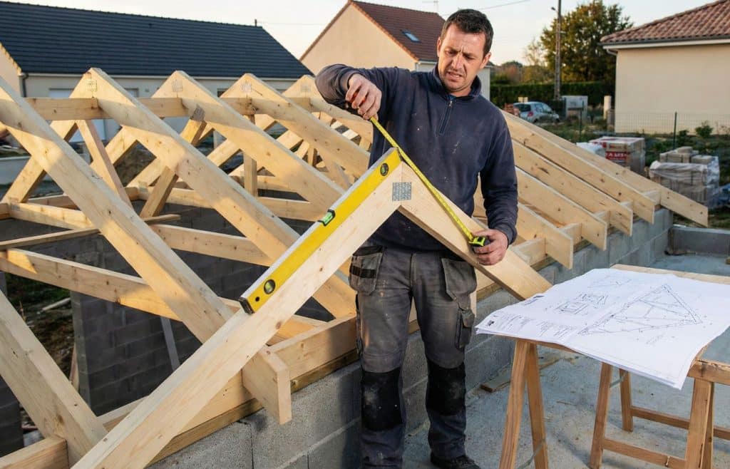 n autoconstructeur vérifiant avec précision l'alignement d'une charpente fermette en kit pour assurer la stabilité de la toiture.