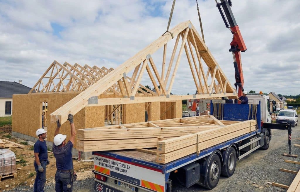 Grutage et installation d'une charpente fermette industrielle préfabriquée sur le chantier d'une maison individuelle.