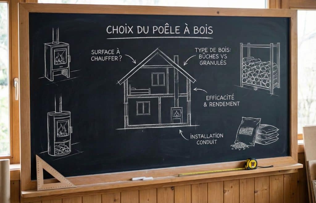 plan de travai ltableau noir craix dessin poele à bois installation maison conduit cheminée