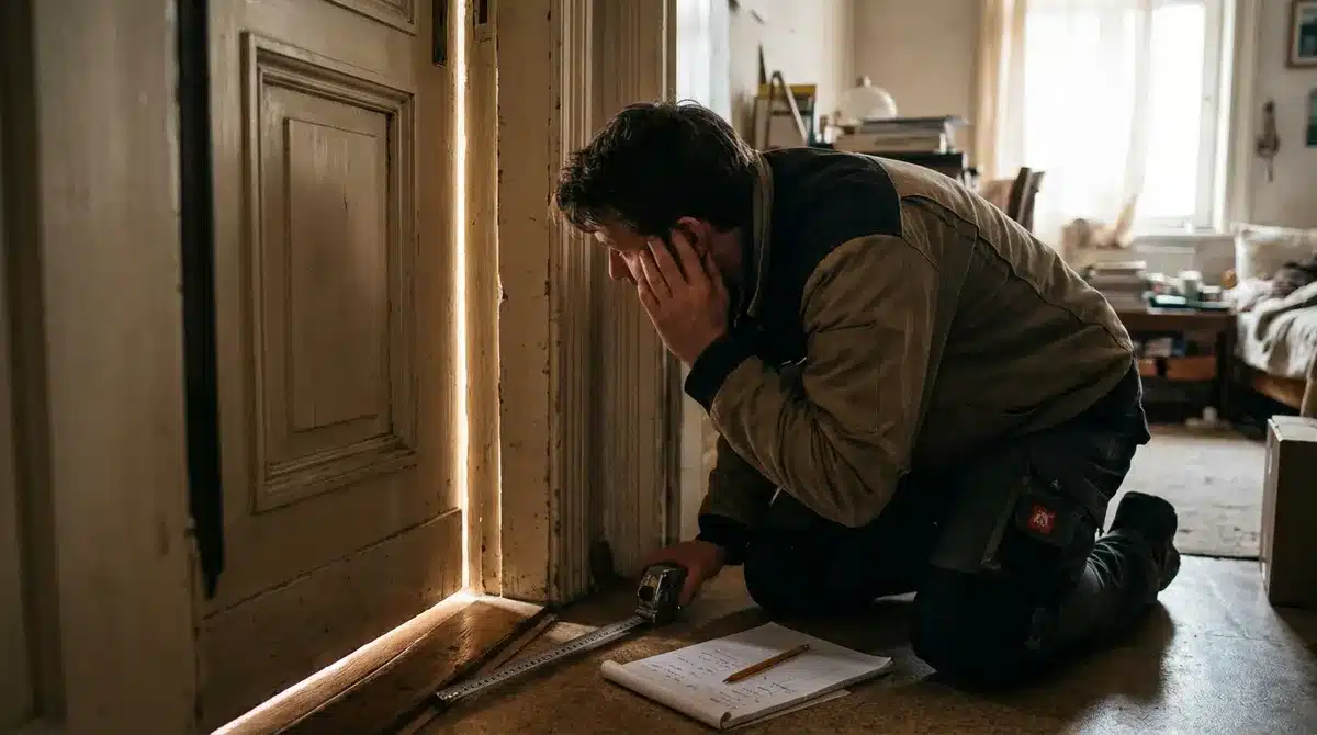 A person checking sound leaks around a door frame with light coming through gaps, measuring tape and notepad visible -