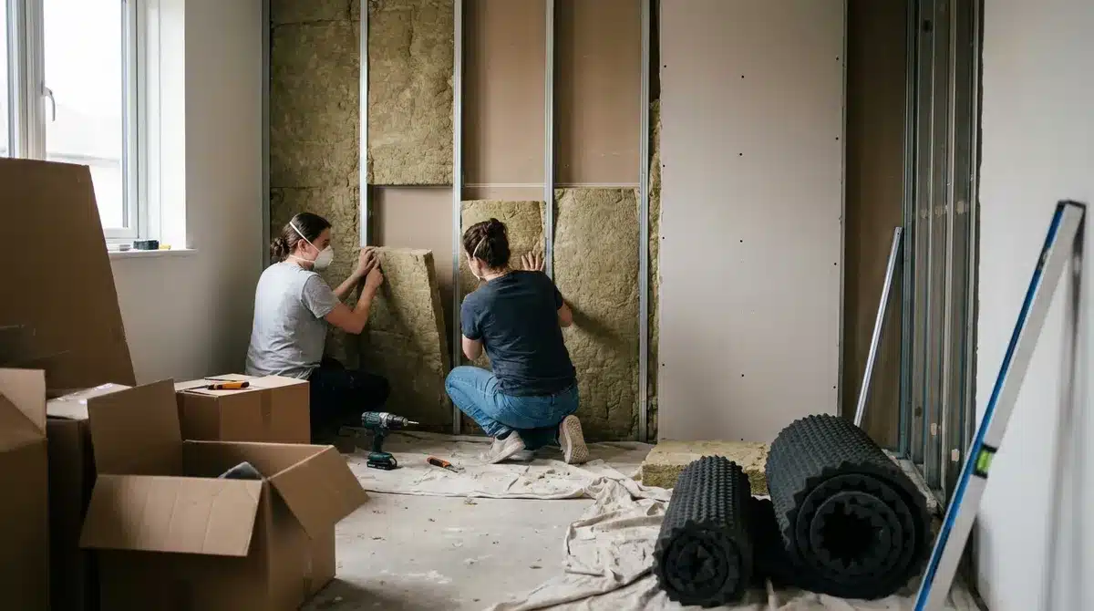 Wall soundproofing installation: metal studs, acoustic insulation being installed, tools and materials on the floor -