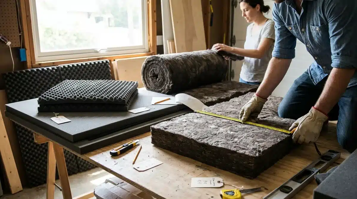 Various soundproofing materials laid out: acoustic foam panels, rock wool insulation, recycled polyurethane, with price tags