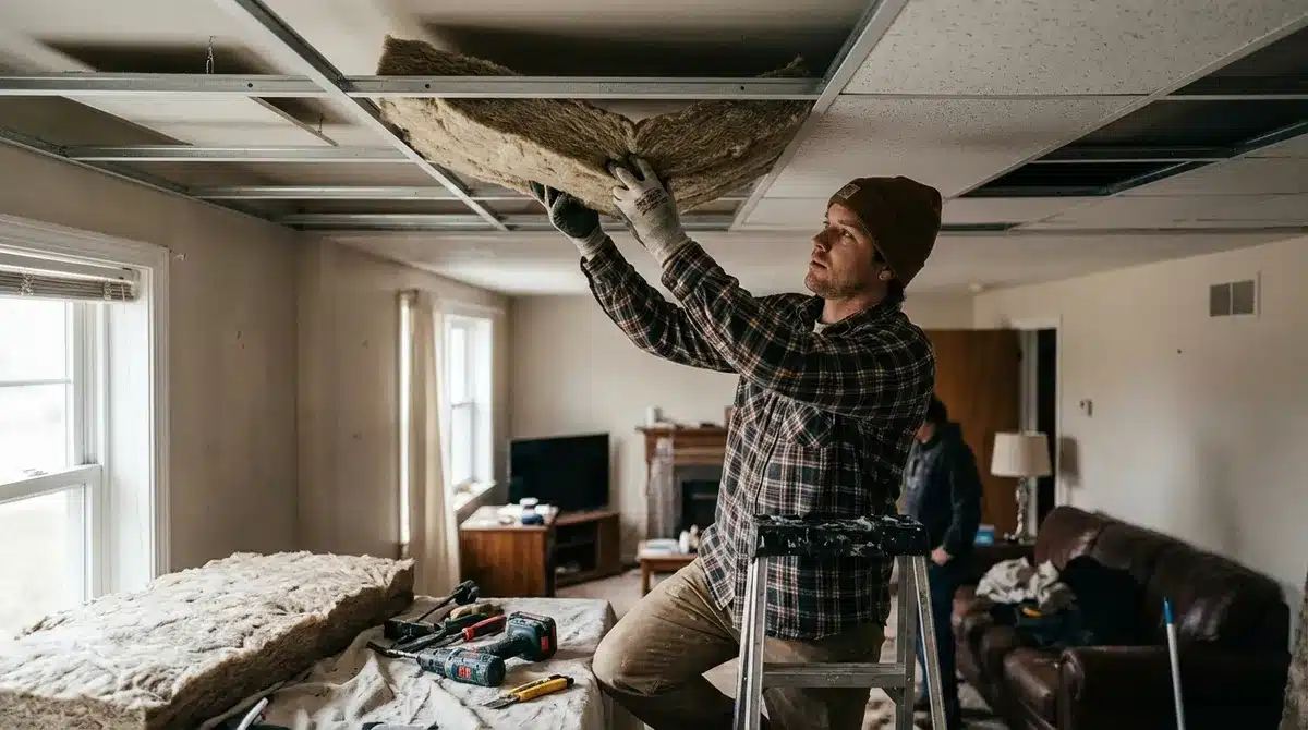 Ceiling soundproofing work: suspended ceiling installation with acoustic insulation, worker on ladder with tools - Comment