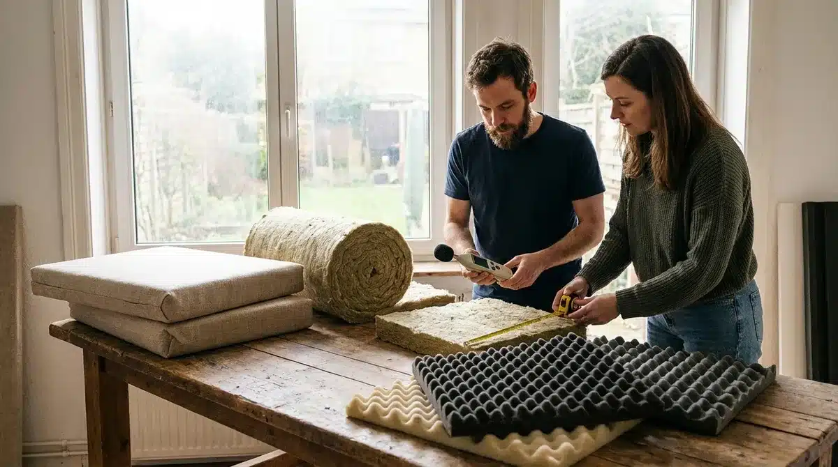 Soundproofing materials comparison: acoustic panels, rock wool, foam, arranged on a wooden table with measurement tools -