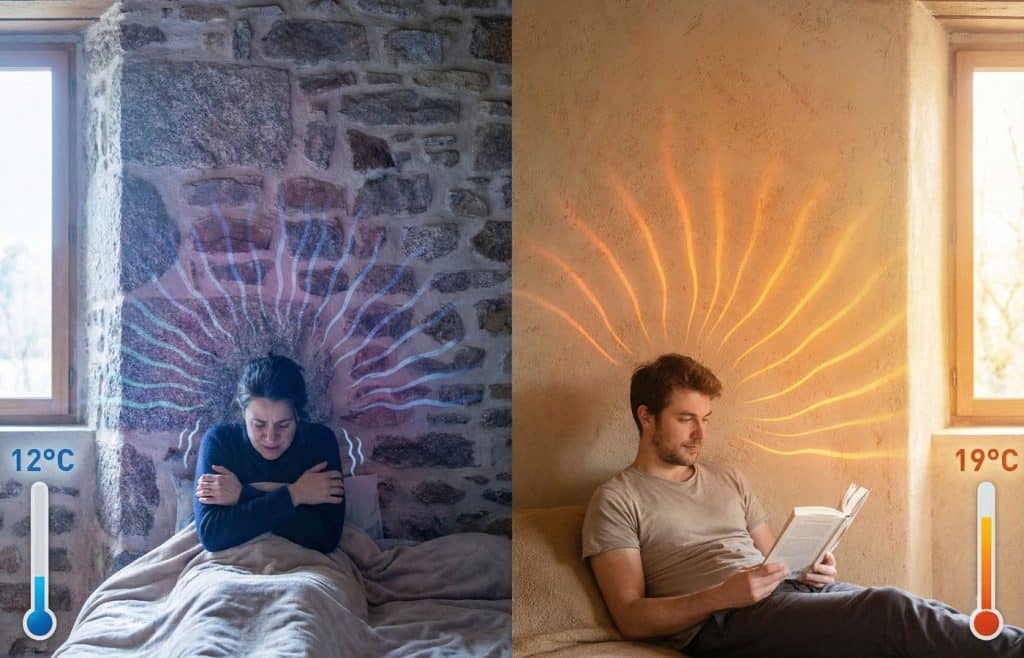 Illustration avant/après montrant la correction thermique apportée par un enduit chaux-chanvre sur un mur en pierre : suppression de l'effet paroi froide (ressenti 12°C) au profit d'un confort immédiat (ressenti 19°C).