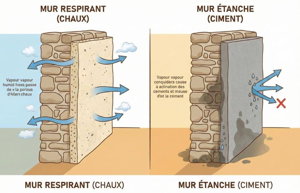 Schéma comparatif montrant un mur en pierre respirant avec enduit à la chaux (évacuation de la vapeur d'eau) face à un mur étanche au ciment (humidité bloquée et moisissures).