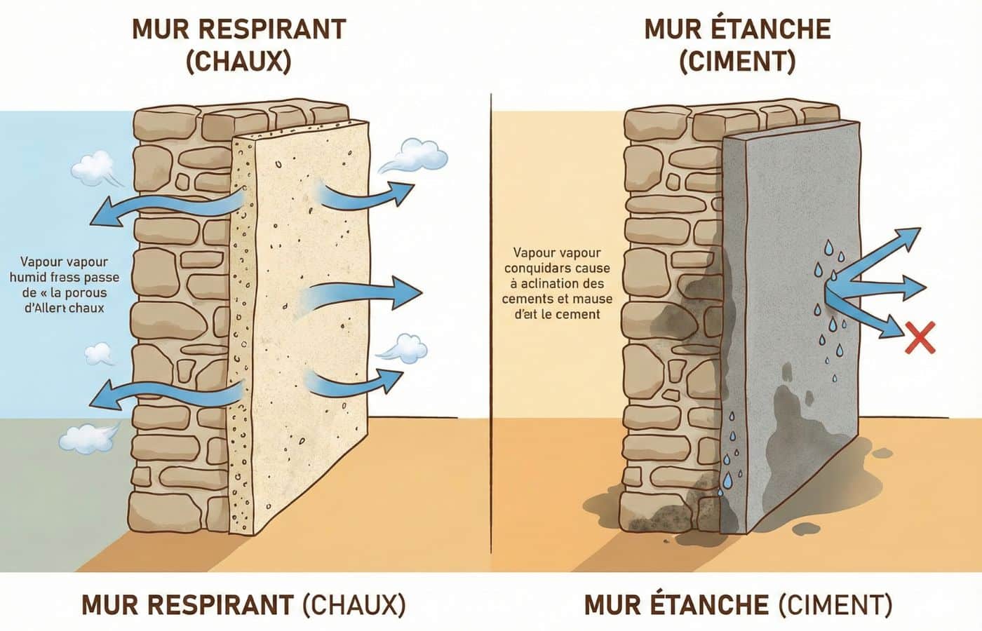 Comparaison entre un mur respirant et un mur étanche : la peinture anti-humidité microporeuse laisse passer la vapeur d'eau