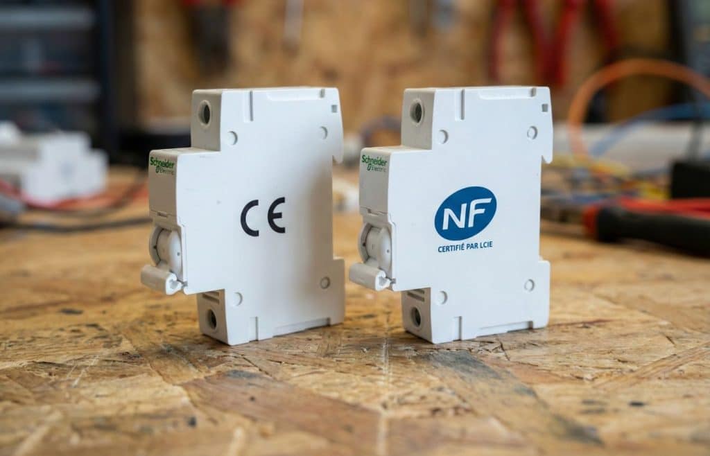 Gros plan comparatif sur deux modules électriques Schneider Electric sur un établi. Le module de gauche affiche uniquement le marquage CE, tandis que celui de droite porte le logo de la certification NF LCIE, garantissant la conformité aux normes de sécurité françaises