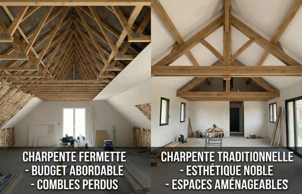 Comparaison visuelle entre une charpente fermette industrielle pour combles perdus et une charpente traditionnelle avec poutres apparentes pour espaces aménageables.
