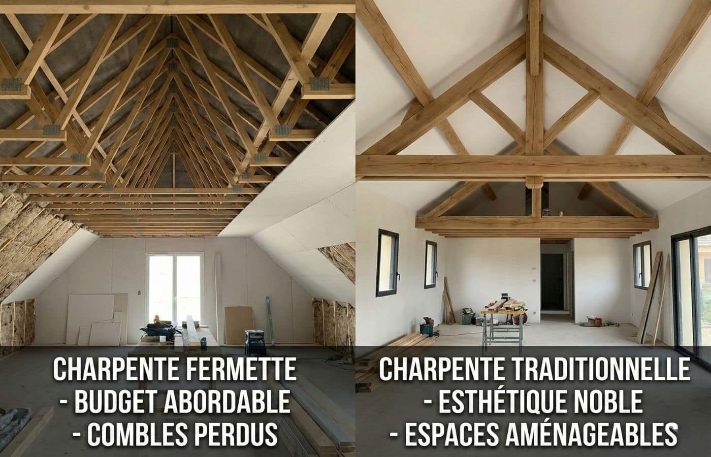 Comparaison entre des combles à charpente fermette en W, encombrés de diagonales, et des combles à charpente traditionnelle dégagée et aménageable