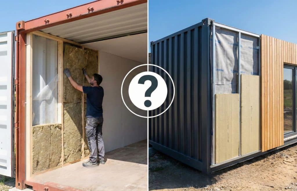 Schéma comparatif en deux parties : à gauche, l'isolation thermique par l'intérieur (ITI) d'un container ; à droite, l'isolation thermique par l'extérieur (ITE) avec ossature et bardage