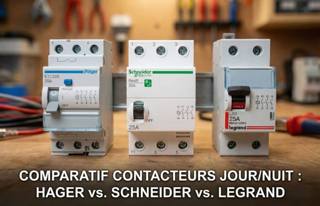 Comparaison visuelle de trois contacteurs jour/nuit 25A sur un établi : le Hager ETC225, le Schneider Electric Resi9 et un modèle Legrand. L'image illustre le choix entre les leaders du marché pour une installation électrique silencieuse et robuste.