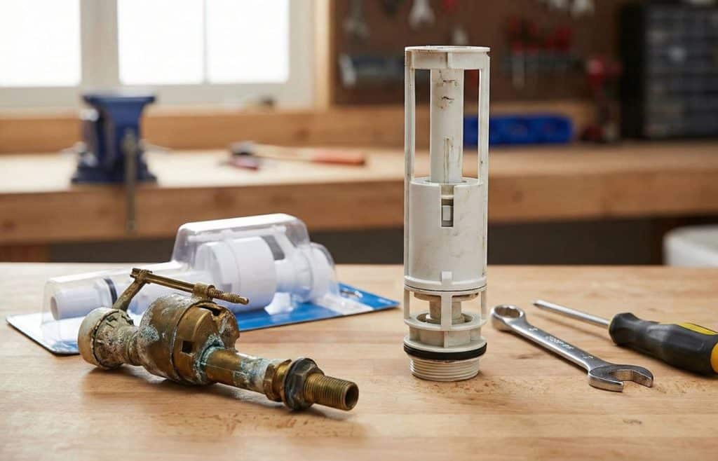 Pièces détachées de WC posées sur un établi : un vieux robinet flotteur entartré à côté d'un mécanisme central encore fonctionnel et d'une pièce neuve, illustrant le remplacement ciblé et écologique.