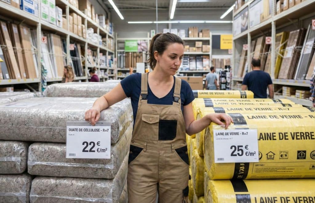 Comparatif de prix en rayon de bricolage : la ouate de cellulose (22€/m²) est affichée moins chère que la laine de verre (25€/m²) pour une isolation R=7. Une cliente compare les étiquettes de budget travaux.