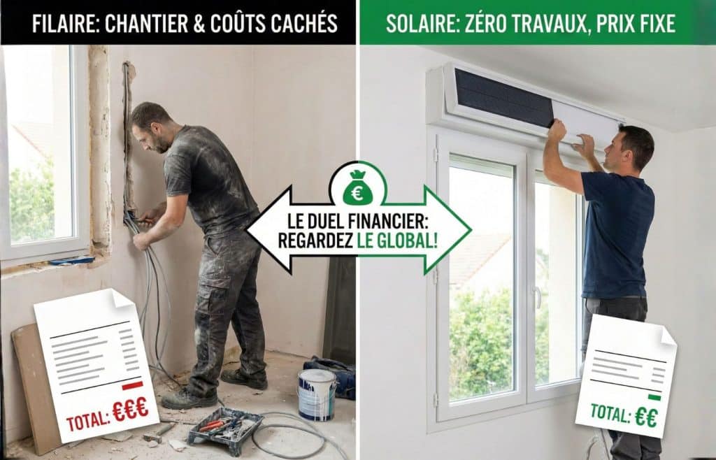 Comparaison entre un volet filaire nécessitant des travaux de saignée dans le mur et un volet solaire à pose rapide sans travaux électriques.