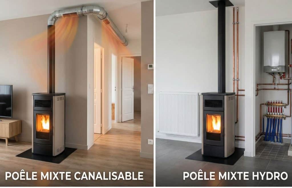 Comparaison visuelle entre un poêle mixte canalisable distribuant l'air chaud par des gaines et un poêle mixte hydro raccordé au réseau de radiateurs et d'eau chaude