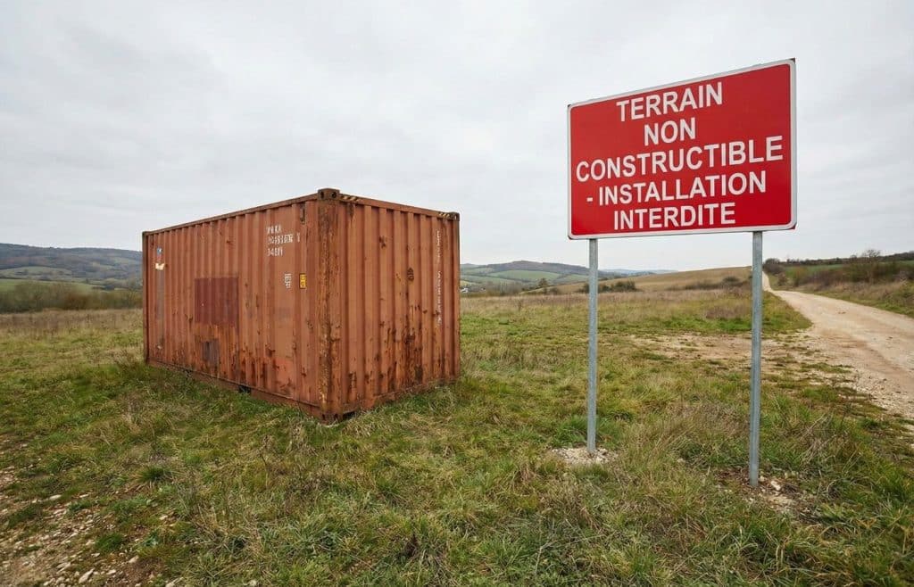 Panneau rouge signalant un terrain non constructible à côté d'un container maritime, illustrant l'interdiction stricte d'installer une habitation en zone naturelle ou agricole