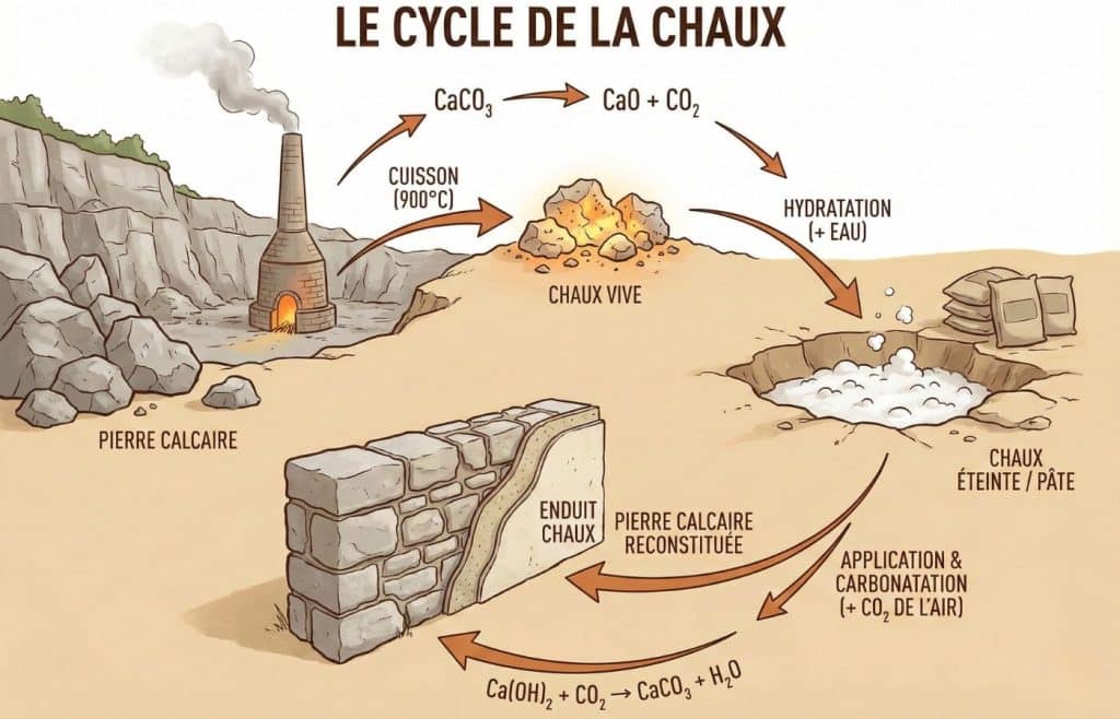 Schéma du cycle de la chaux : de l'extraction de la pierre calcaire à la cuisson (chaux vive), l'hydratation (chaux éteinte) et le retour à l'état de pierre par carbonatation sur le mur.