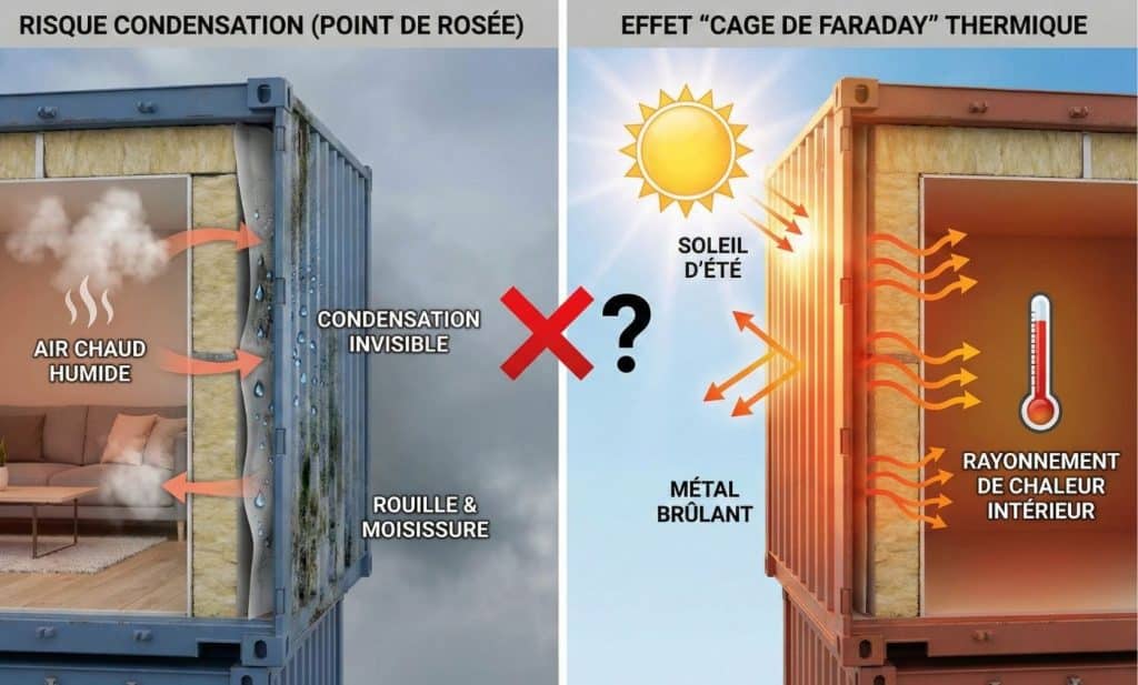 Infographie illustrant les deux risques majeurs de l'isolation intérieure d'un container : la condensation et la moisissure (point de rosée) en hiver, et la surchauffe par rayonnement thermique du métal en été