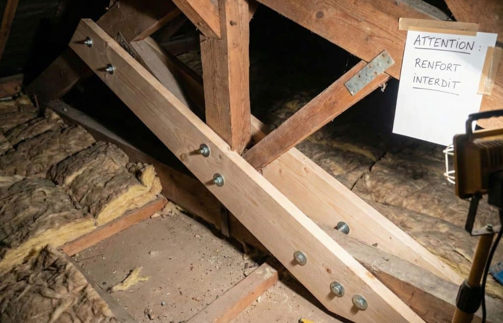Exemple de moisage non conforme sur un arbalétrier de charpente traditionnelle dans les combles chantier, montrant des planches boulonnées de chaque côté d'un bois d'origine.